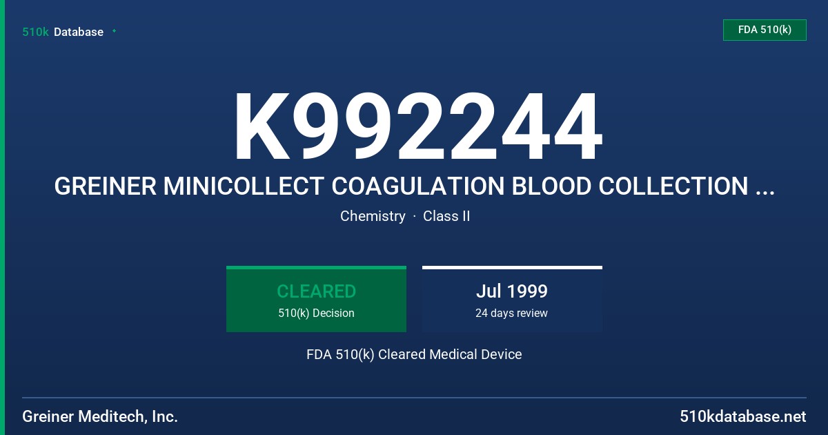 K992244 GREINER MINICOLLECT COAGULATION BLOOD COLLECTION TUBE FDA 510(k) Cleared Medical Device
