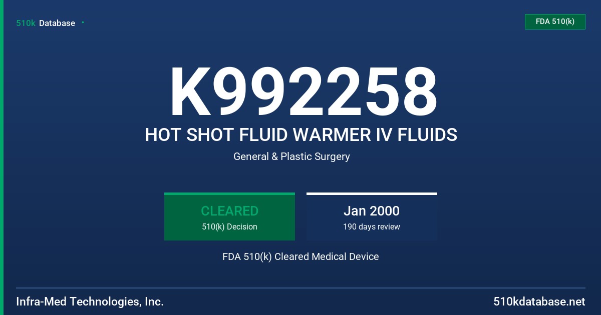 K992258 HOT SHOT FLUID WARMER IV FLUIDS FDA 510(k) Cleared Medical Device