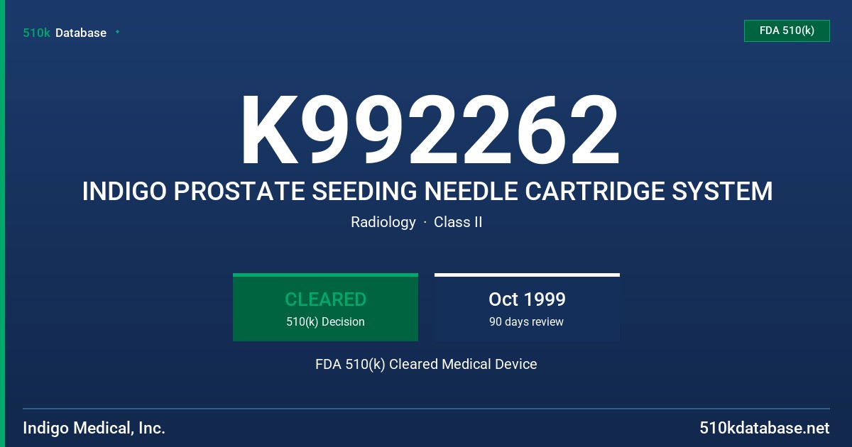 K992262 INDIGO PROSTATE SEEDING NEEDLE CARTRIDGE SYSTEM FDA 510(k) Cleared Medical Device