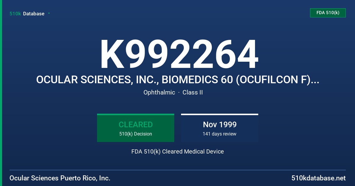 K992264 OCULAR SCIENCES, INC., BIOMEDICS 60 (OCUFILCON F) UV BLOCKING DAILY WEAR SOFT CONTACT LENS FDA 510(k) Cleared Medical Device