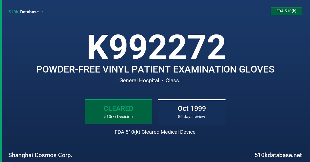 K992272 POWDER-FREE VINYL PATIENT EXAMINATION GLOVES FDA 510(k) Cleared Medical Device