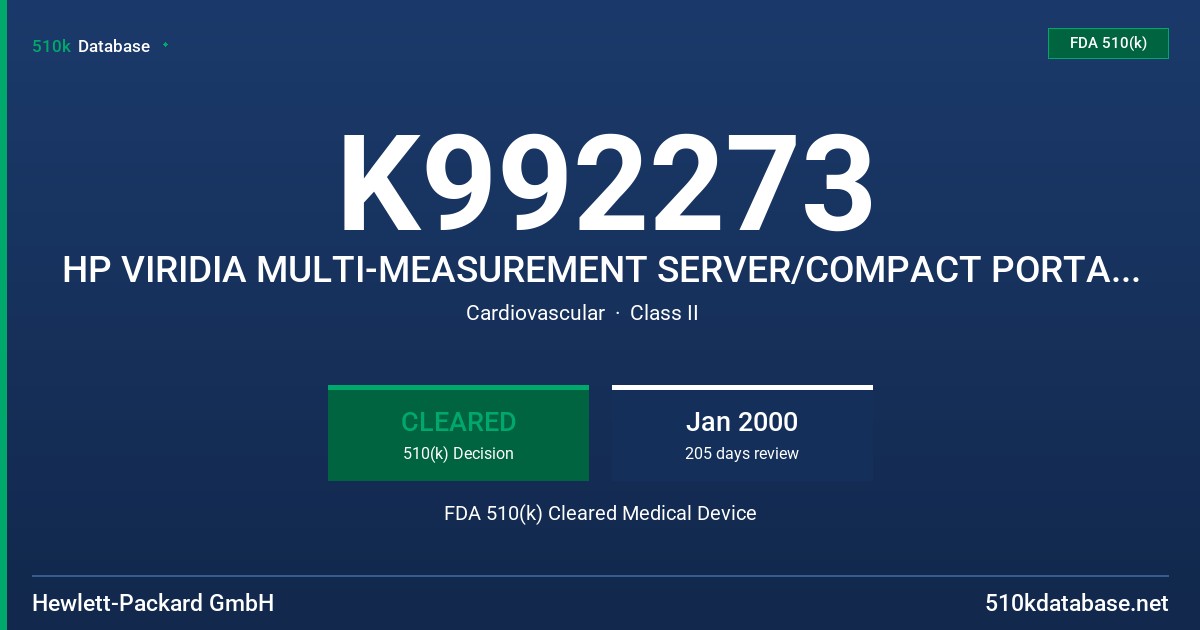 K992273 HP VIRIDIA MULTI-MEASUREMENT SERVER/COMPACT PORTABLE PATIENT MONITOR M3000A/M3046A/M3016A,REL B FDA 510(k) Cleared Medical Device