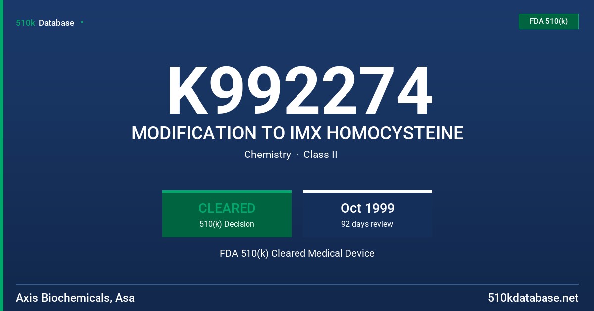K992274 MODIFICATION TO IMX HOMOCYSTEINE FDA 510(k) Cleared Medical Device