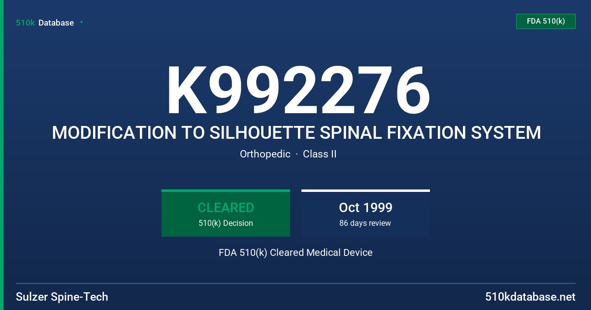K992276 MODIFICATION TO SILHOUETTE SPINAL FIXATION SYSTEM FDA 510(k) Cleared Medical Device