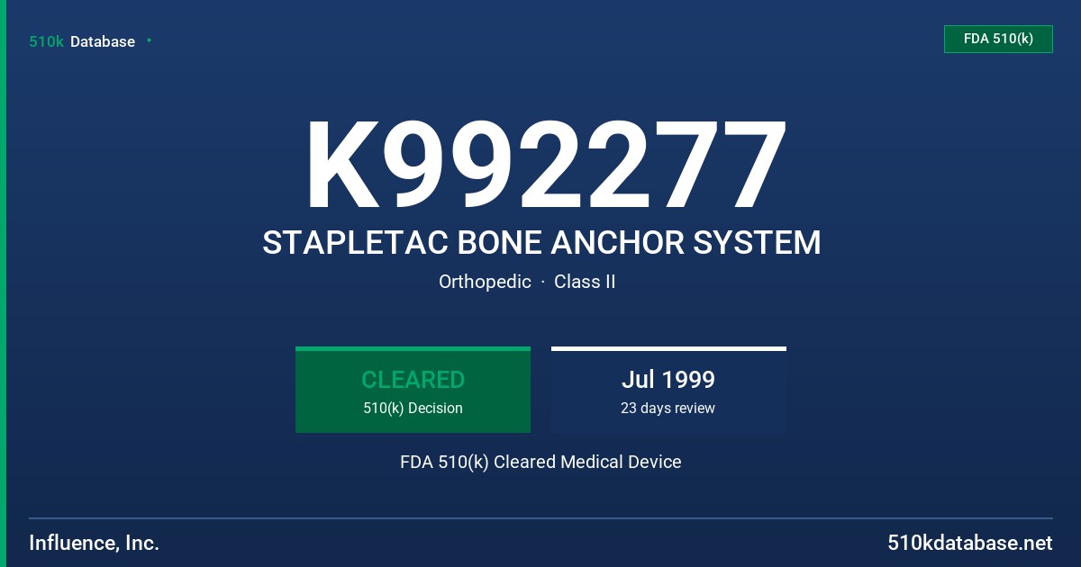 K992277 STAPLETAC BONE ANCHOR SYSTEM FDA 510(k) Cleared Medical Device