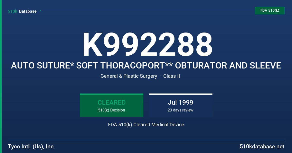 K992288 AUTO SUTURE* SOFT THORACOPORT** OBTURATOR AND SLEEVE FDA 510(k) Cleared Medical Device