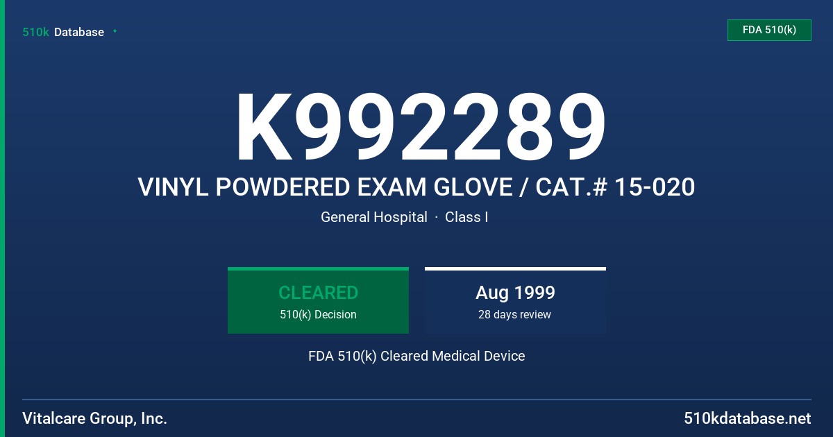 K992289 VINYL POWDERED EXAM GLOVE / CAT.# 15-020 FDA 510(k) Cleared Medical Device