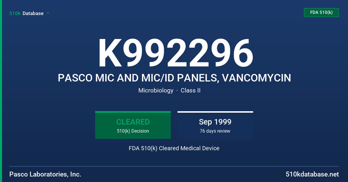 K992296 PASCO MIC AND MIC/ID PANELS, VANCOMYCIN FDA 510(k) Cleared Medical Device