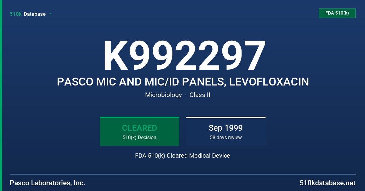 K992297 PASCO MIC AND MIC/ID PANELS, LEVOFLOXACIN FDA 510(k) Cleared Medical Device