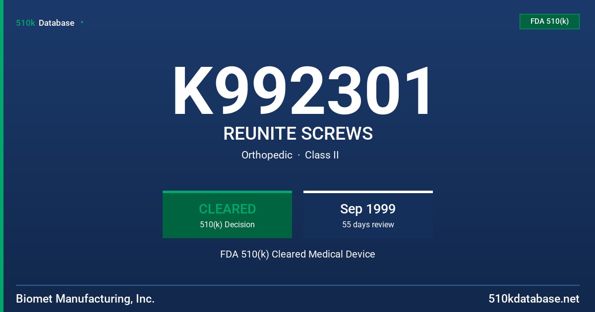 K992301 REUNITE SCREWS FDA 510(k) Cleared Medical Device