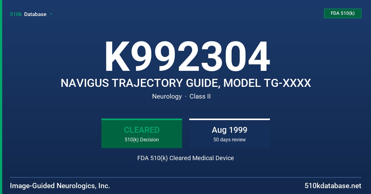 K992304 NAVIGUS TRAJECTORY GUIDE, MODEL TG-XXXX FDA 510(k) Cleared Medical Device