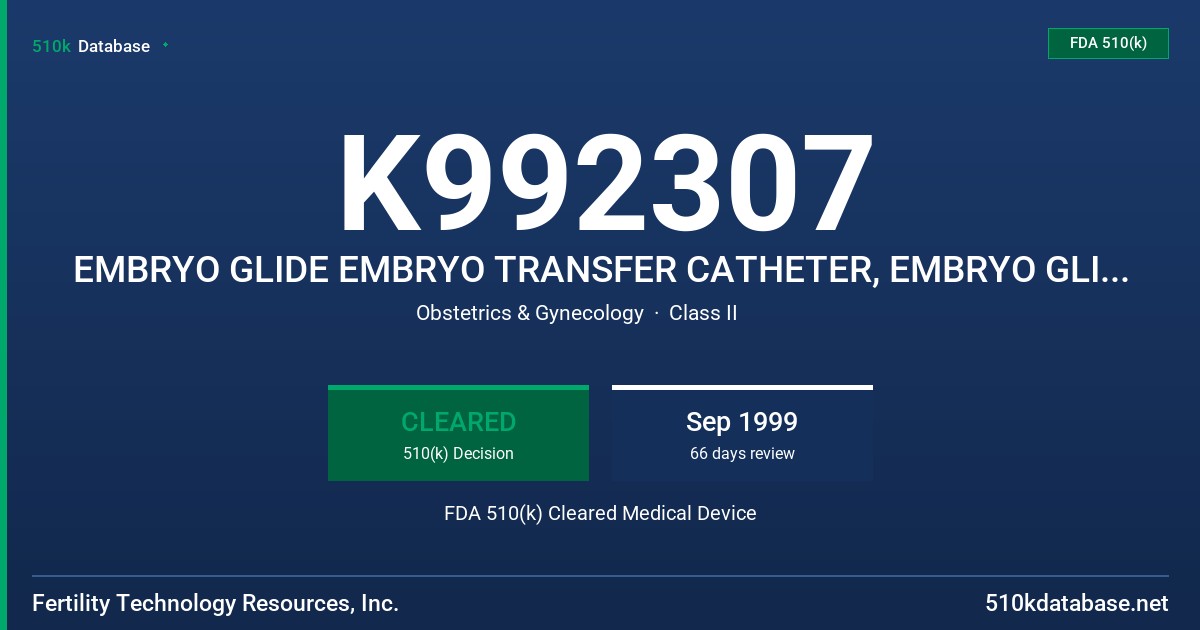 K992307 EMBRYO GLIDE EMBRYO TRANSFER CATHETER, EMBRYO GLIDE STYLE FOR EMBRYO TRANSFER CATHETER FDA 510(k) Cleared Medical Device