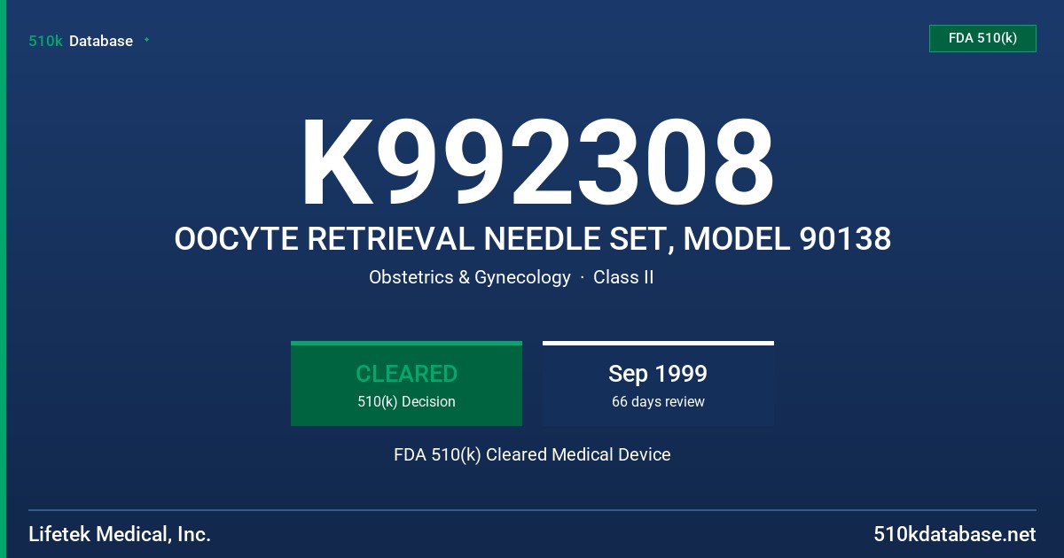 K992308 OOCYTE RETRIEVAL NEEDLE SET, MODEL 90138 FDA 510(k) Cleared Medical Device