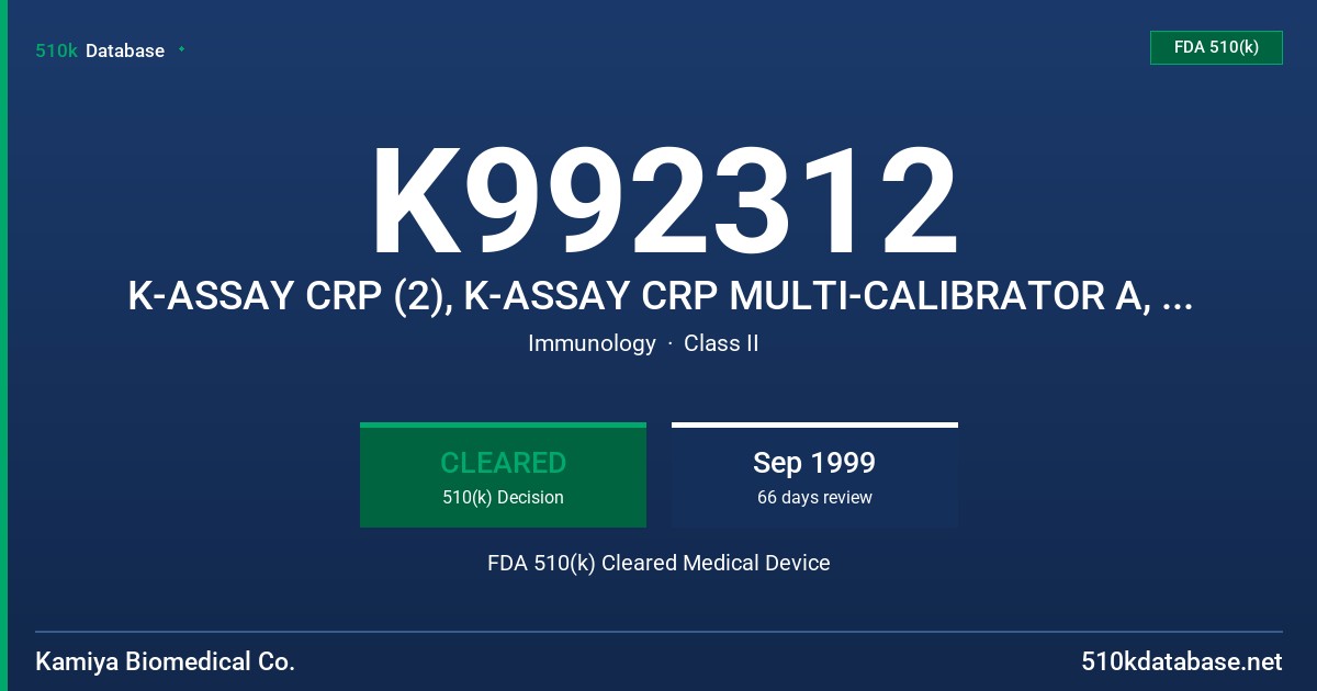 K992312 K-ASSAY CRP (2), K-ASSAY CRP MULTI-CALIBRATOR A, K-ASSAY CRP MULTI-CALIBRATOR B FDA 510(k) Cleared Medical Device
