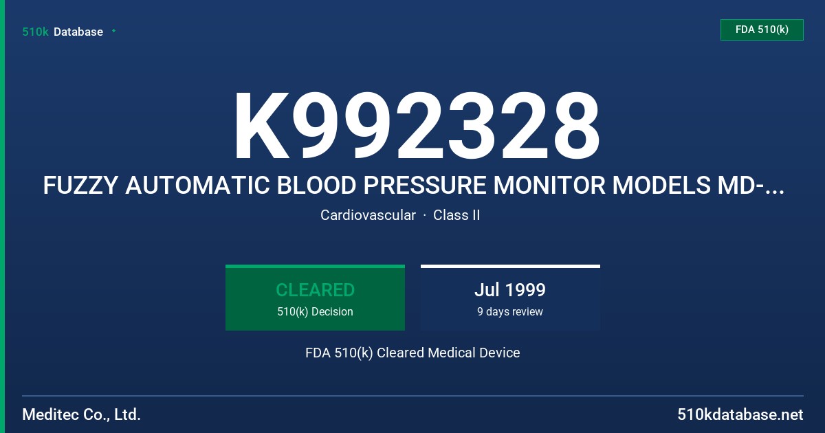 K992328 FUZZY AUTOMATIC BLOOD PRESSURE MONITOR MODELS MD-750, MD-770, MD-800 FDA 510(k) Cleared Medical Device