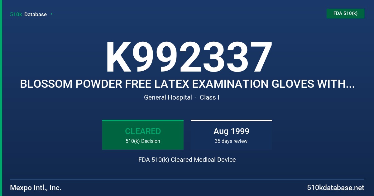 K992337 BLOSSOM POWDER FREE LATEX EXAMINATION GLOVES WITH PROTEIN CONTENT LABELING CLAIM 50 MCGM OR LESS OF TOTAL WATER EXTRACTA FDA 510(k) Cleared Medical Device