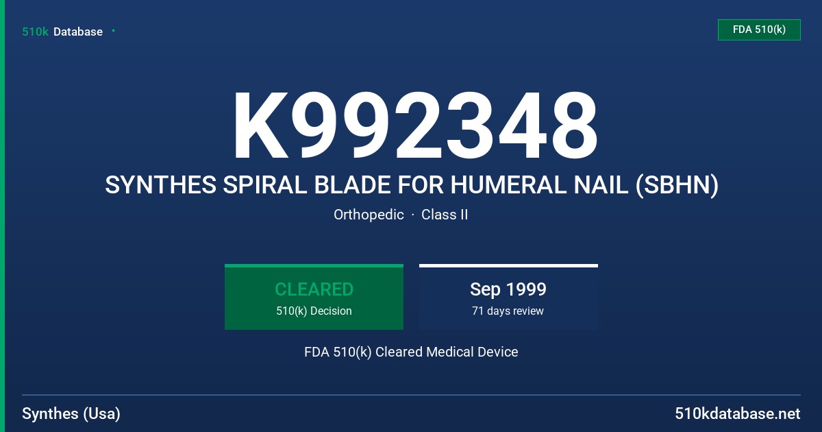 K992348 SYNTHES SPIRAL BLADE FOR HUMERAL NAIL (SBHN) FDA 510(k) Cleared Medical Device