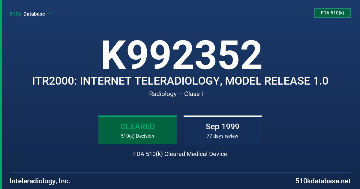 K992352 ITR2000: INTERNET TELERADIOLOGY, MODEL RELEASE 1.0 FDA 510(k) Cleared Medical Device