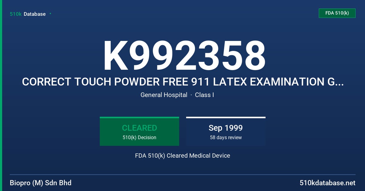 K992358 CORRECT TOUCH POWDER FREE 911 LATEX EXAMINATION GLOVES, (BLUE) FDA 510(k) Cleared Medical Device