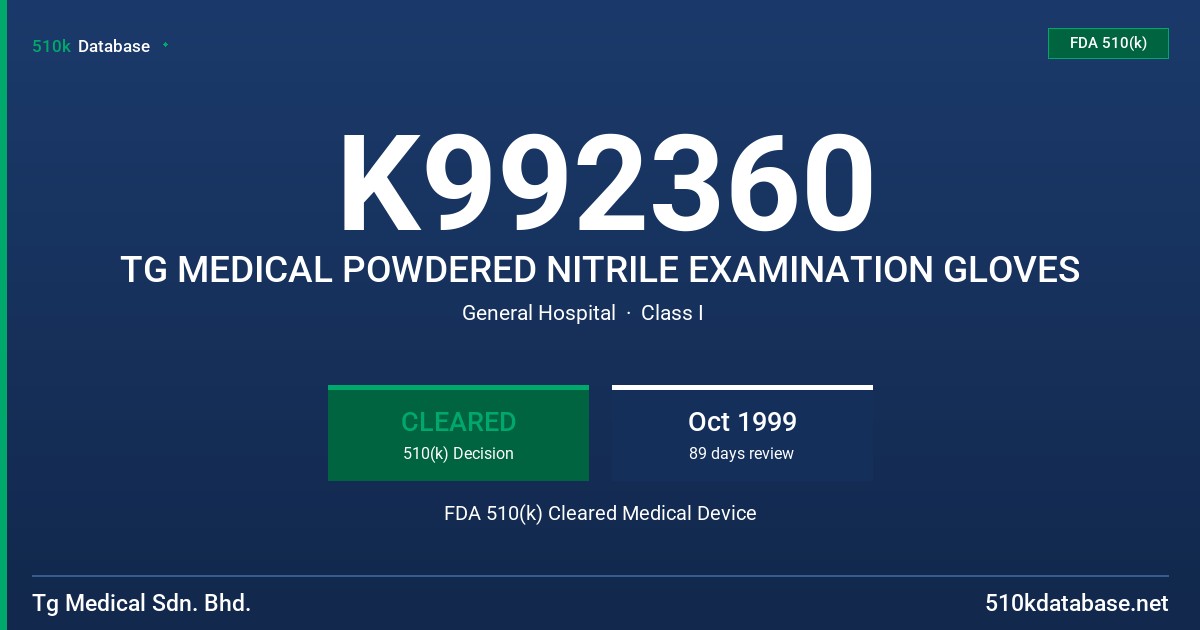K992360 TG MEDICAL POWDERED NITRILE EXAMINATION GLOVES FDA 510(k) Cleared Medical Device