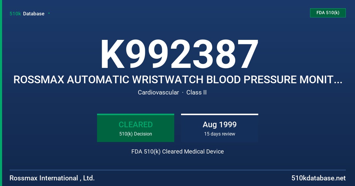 K992387 ROSSMAX AUTOMATIC WRISTWATCH BLOOD PRESSURE MONITOR, MODEL RM-4100 FDA 510(k) Cleared Medical Device
