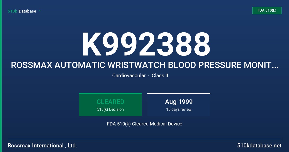 K992388 ROSSMAX AUTOMATIC WRISTWATCH BLOOD PRESSURE MONITOR, MODEL RM-4200 FDA 510(k) Cleared Medical Device