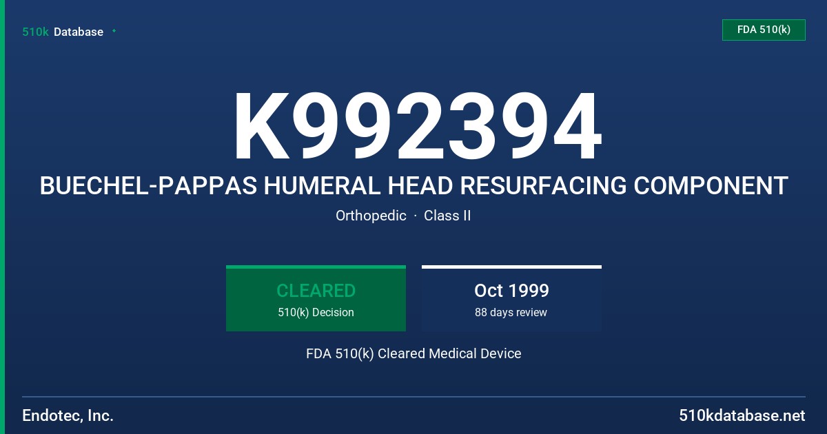 K992394 BUECHEL-PAPPAS HUMERAL HEAD RESURFACING COMPONENT FDA 510(k) Cleared Medical Device