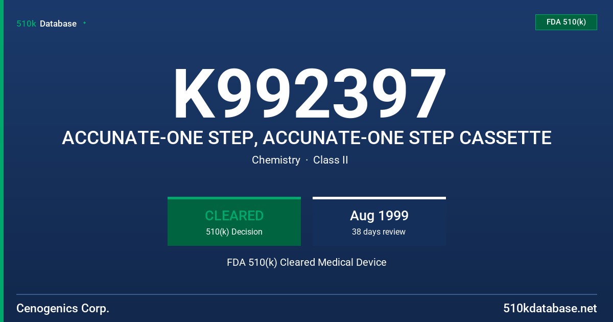K992397 ACCUNATE-ONE STEP, ACCUNATE-ONE STEP CASSETTE FDA 510(k) Cleared Medical Device