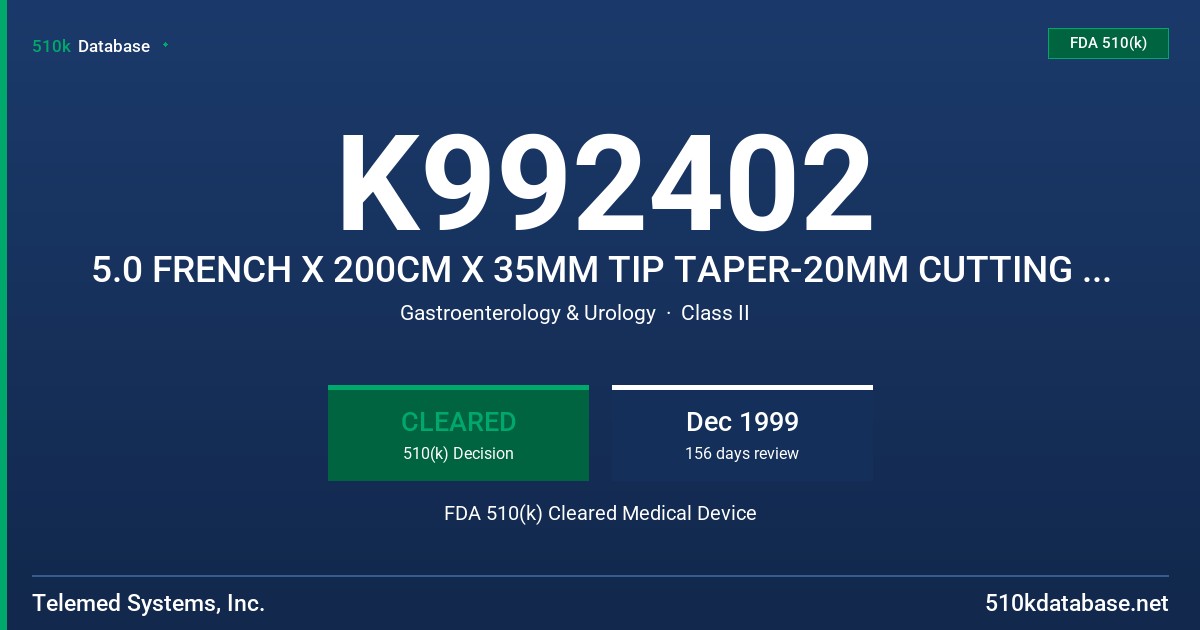 K992402 5.0 FRENCH X 200CM X 35MM TIP TAPER-20MM CUTTING WIRE, 5.0 FRENCH X 200CM X 35MM TIP TAPER-30MM CUTTING WIRE, 5.0 FRENCH FDA 510(k) Cleared Medical Device