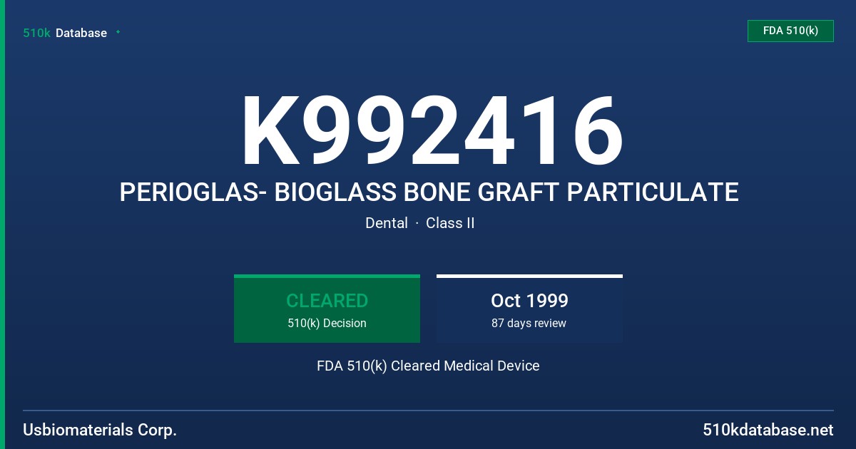 K992416 PERIOGLAS- BIOGLASS BONE GRAFT PARTICULATE FDA 510(k) Cleared Medical Device