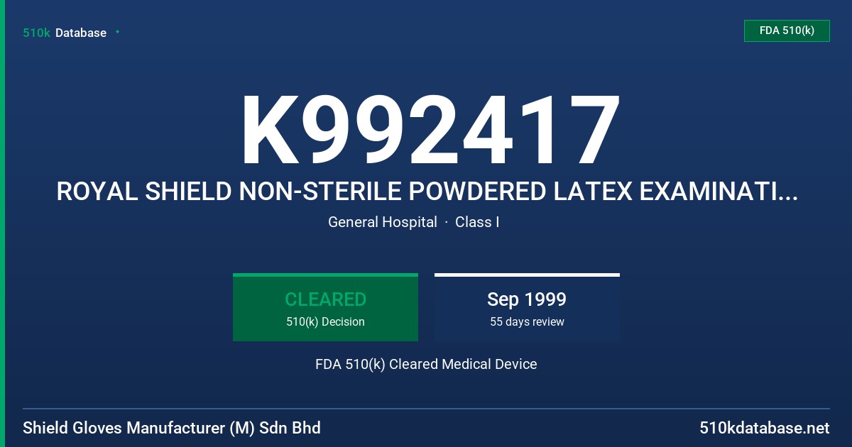 K992417 ROYAL SHIELD NON-STERILE POWDERED LATEX EXAMINATION GLOVES (PROTEIN LABELING CLAIM) 200 MCGM OR LESS OF TOTAL WATER EXTR FDA 510(k) Cleared Medical Device
