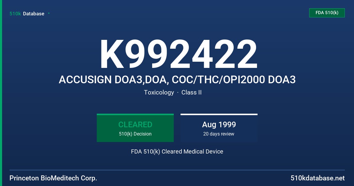 K992422 ACCUSIGN DOA3,DOA, COC/THC/OPI2000 DOA3 FDA 510(k) Cleared Medical Device