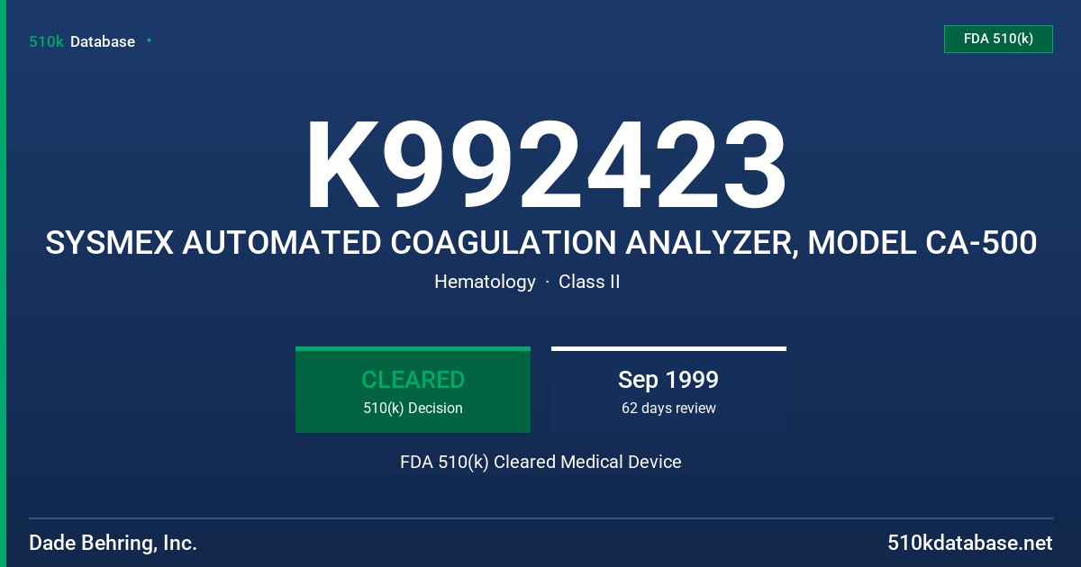 K992423 SYSMEX AUTOMATED COAGULATION ANALYZER, MODEL CA-500 FDA 510(k) Cleared Medical Device