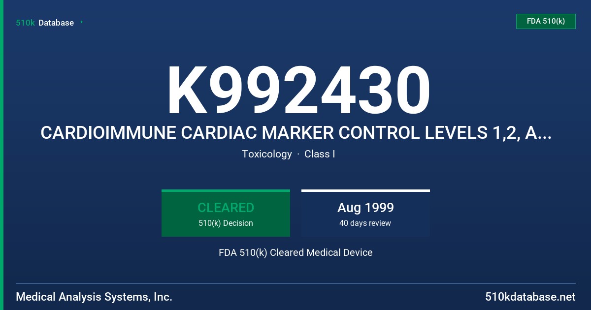 K992430 CARDIOIMMUNE CARDIAC MARKER CONTROL LEVELS 1,2, AND 3 FDA 510(k) Cleared Medical Device