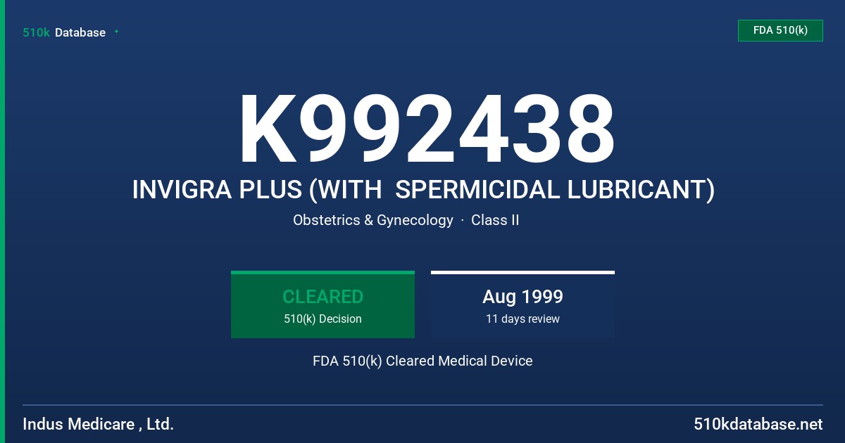 K992438 INVIGRA PLUS (WITH  SPERMICIDAL LUBRICANT) FDA 510(k) Cleared Medical Device