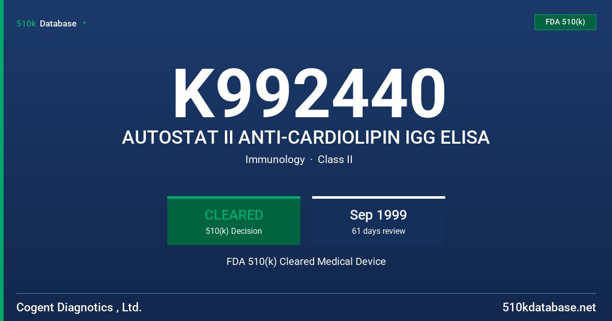 K992440 AUTOSTAT II ANTI-CARDIOLIPIN IGG ELISA FDA 510(k) Cleared Medical Device