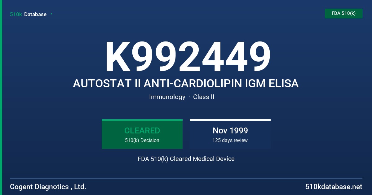 K992449 AUTOSTAT II ANTI-CARDIOLIPIN IGM ELISA FDA 510(k) Cleared Medical Device
