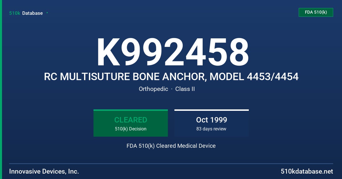 K992458 RC MULTISUTURE BONE ANCHOR, MODEL 4453/4454 FDA 510(k) Cleared Medical Device