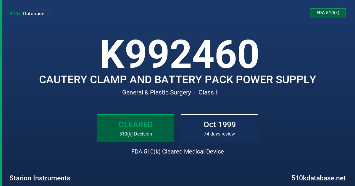K992460 CAUTERY CLAMP AND BATTERY PACK POWER SUPPLY FDA 510(k) Cleared Medical Device