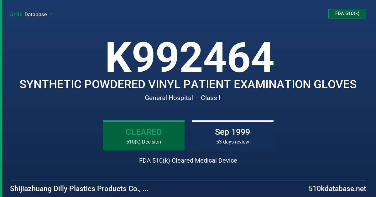 K992464 SYNTHETIC POWDERED VINYL PATIENT EXAMINATION GLOVES FDA 510(k) Cleared Medical Device