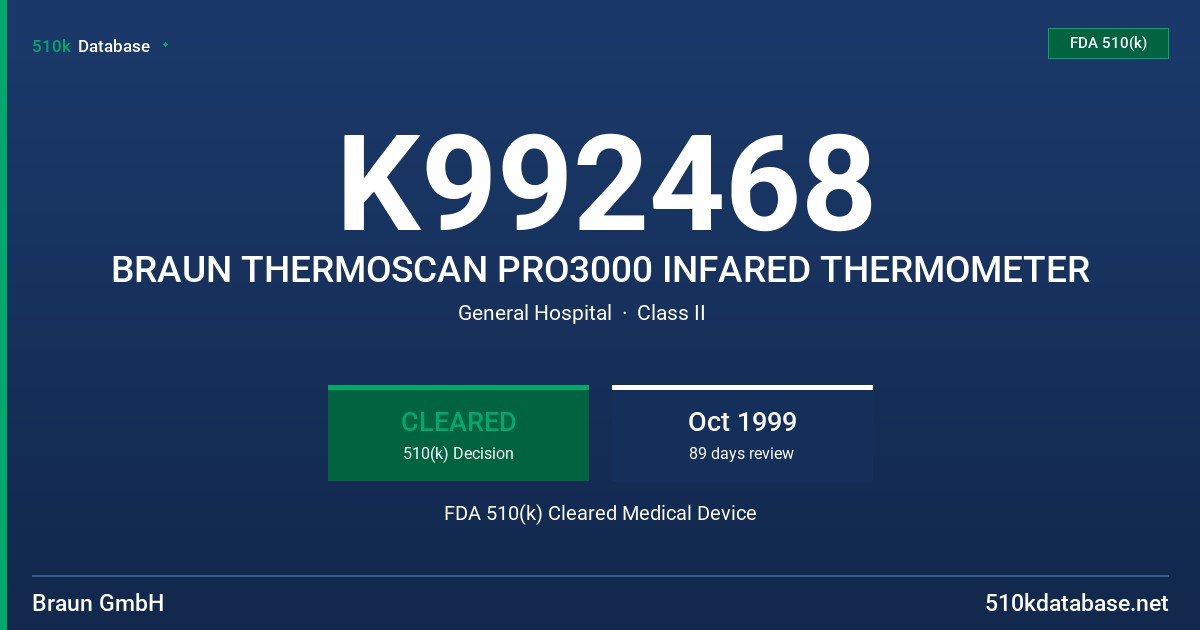 K992468 BRAUN THERMOSCAN PRO3000 INFARED THERMOMETER FDA 510(k) Cleared Medical Device