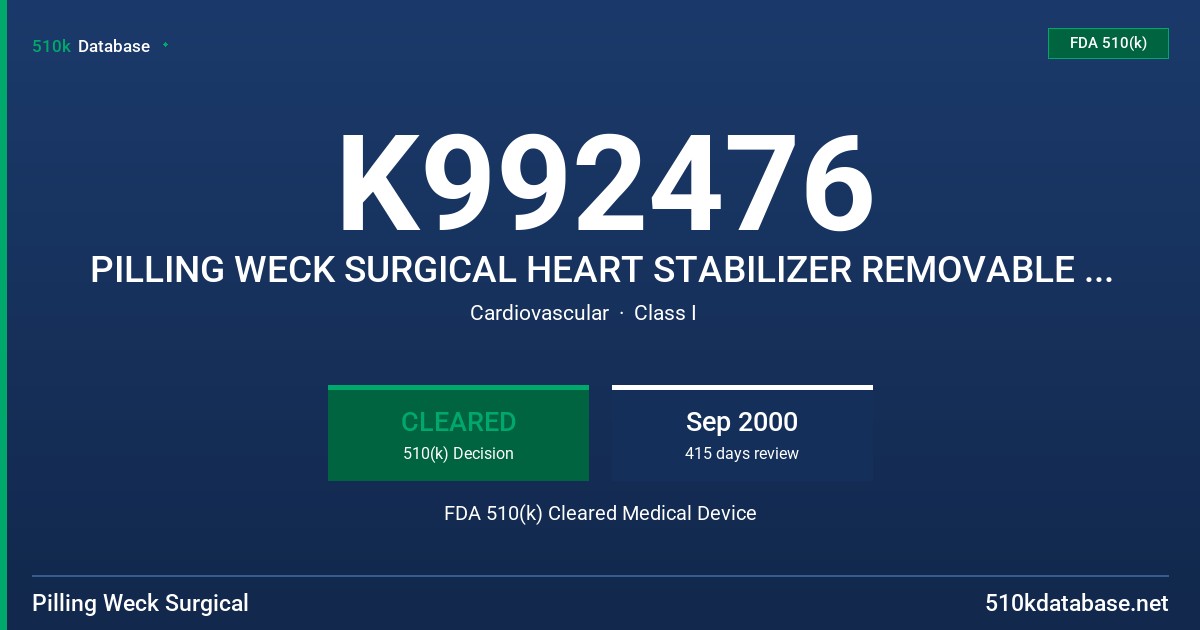 K992476 PILLING WECK SURGICAL HEART STABILIZER REMOVABLE PADS FDA 510(k) Cleared Medical Device