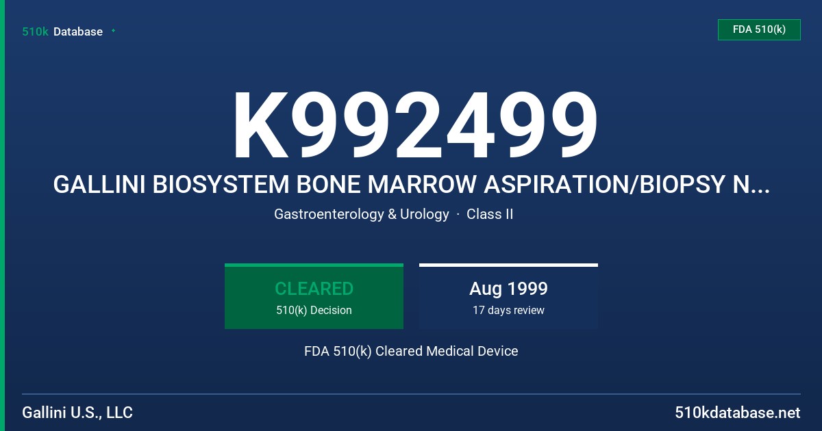 K992499 GALLINI BIOSYSTEM BONE MARROW ASPIRATION/BIOPSY NEEDLE FDA 510(k) Cleared Medical Device