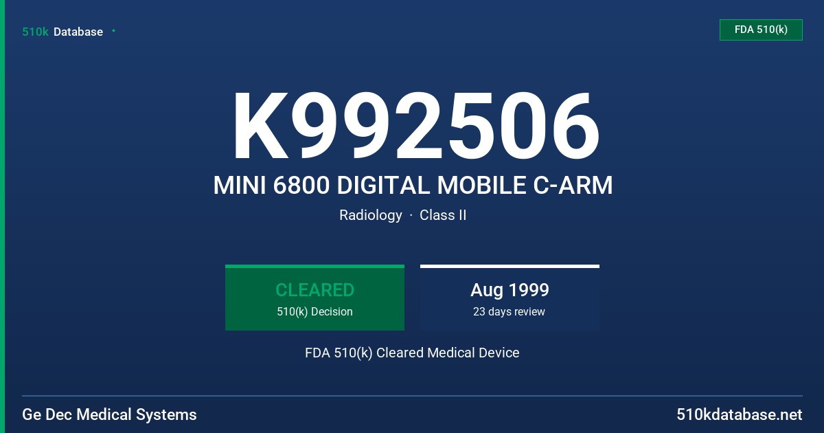 K992506 MINI 6800 DIGITAL MOBILE C-ARM FDA 510(k) Cleared Medical Device