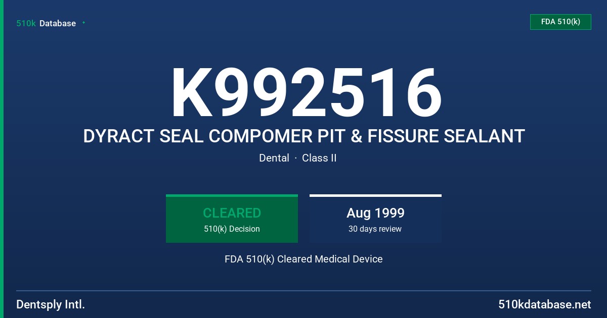 K992516 DYRACT SEAL COMPOMER PIT & FISSURE SEALANT FDA 510(k) Cleared Medical Device