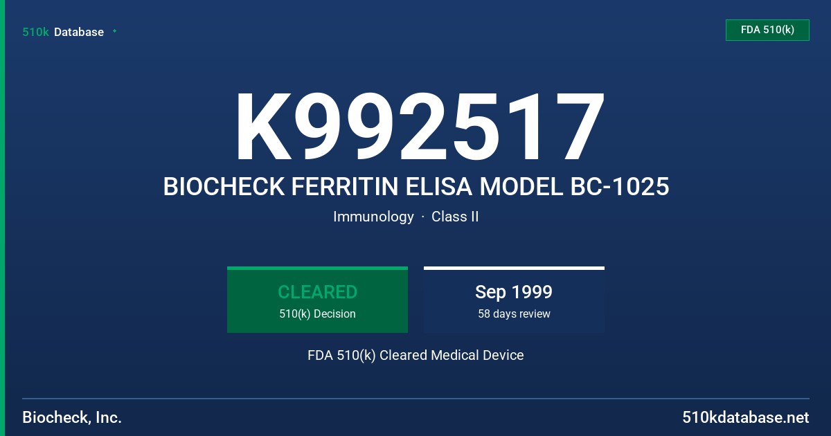 K992517 BIOCHECK FERRITIN ELISA MODEL BC-1025 FDA 510(k) Cleared Medical Device