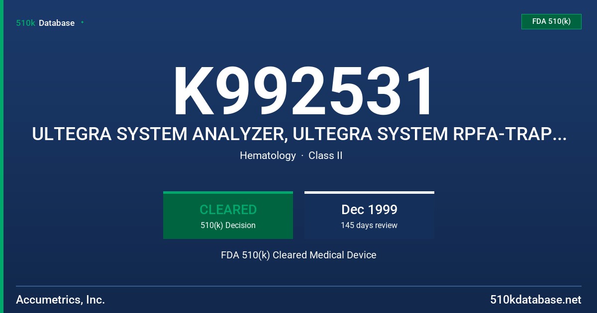 K992531 ULTEGRA SYSTEM ANALYZER, ULTEGRA SYSTEM RPFA-TRAP TEST CARTIDGES, ULTEGRA SYSTEM RPFA-TRAP LEVEL ONE QC, ULTEGRA SYSTEM FDA 510(k) Cleared Medical Device