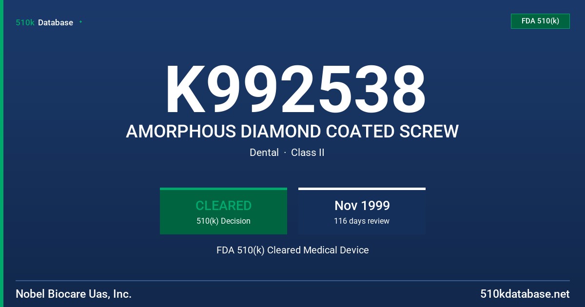 K992538 AMORPHOUS DIAMOND COATED SCREW FDA 510(k) Cleared Medical Device