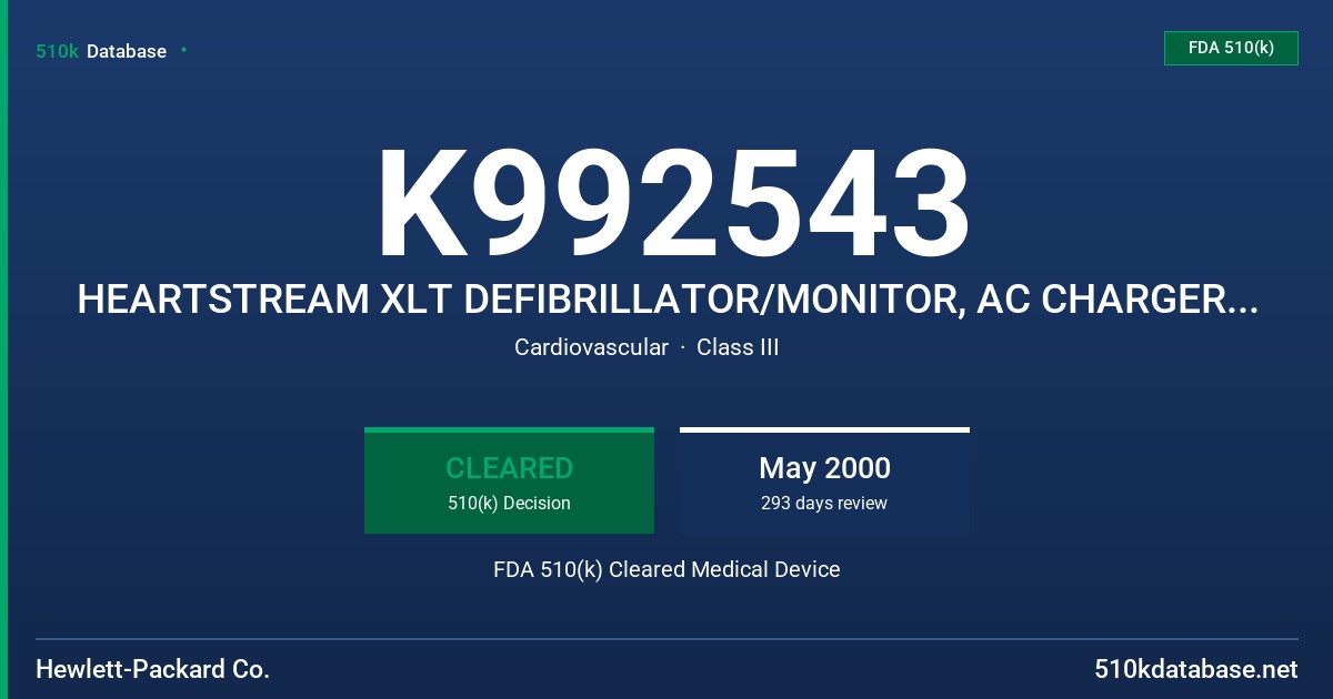 K992543 HEARTSTREAM XLT DEFIBRILLATOR/MONITOR, AC CHARGER, DC CHARGER, DATA CARD, SINGLE BAY ADAPTER, DEFIBRILLATOR PADS CABLE FDA 510(k) Cleared Medical Device