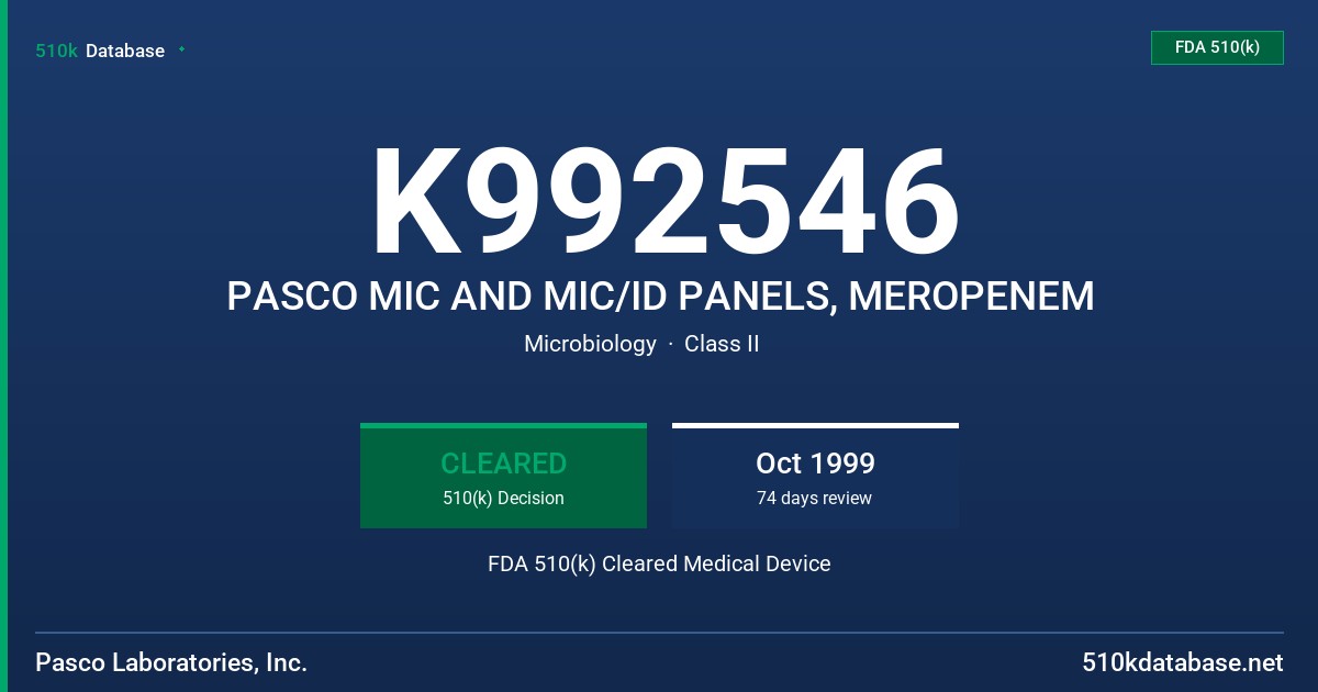 K992546 PASCO MIC AND MIC/ID PANELS, MEROPENEM FDA 510(k) Cleared Medical Device